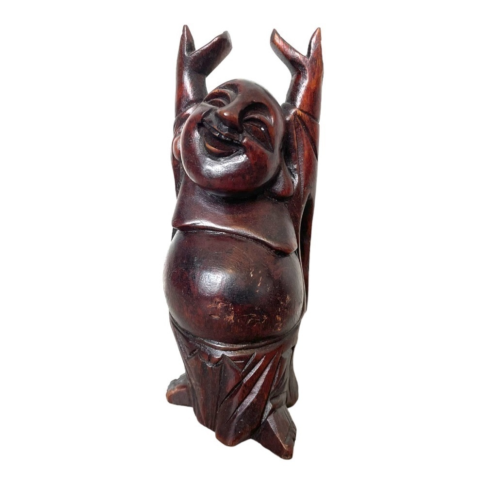 Vintage Wood Hand Carved Happy Laughing Buddha with Arms Raised